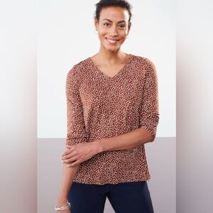 J. Jill Wearever V-Neck Ballet Sleeve Top (Sz XLP) Light Cinnamon Polka Dot